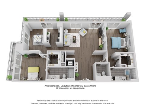 Floor plan for 2 beds, 2 baths, 1607 sqft